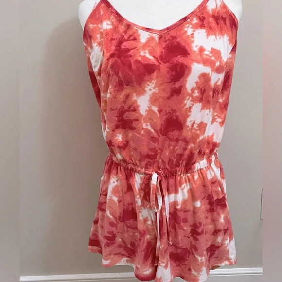 Just Be Tie Dye Romper Shorts Loungewear Pajamas Stretchy Soft Pink White Medium - Picture 1 of 10
